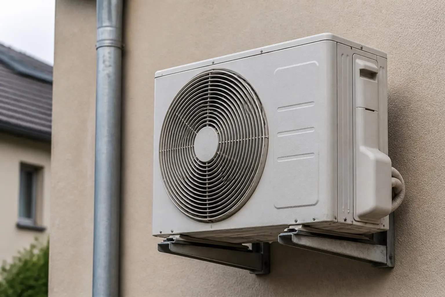 Un groupe extérieur de climatisation fixé sur une façade crépie, à côté d'une descente d'eaux pluviales