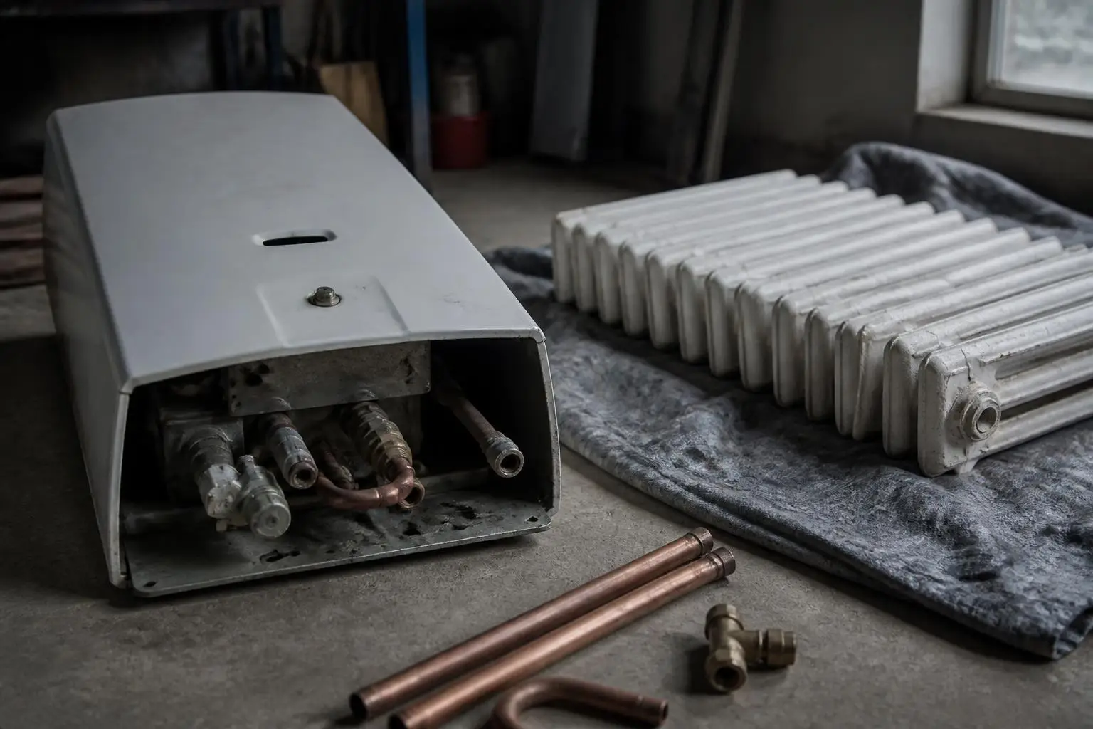 Chaudière murale déposée au sol dans un garage, à côté d'un radiateur en fonte et de tuyaux de cuivre coupés
