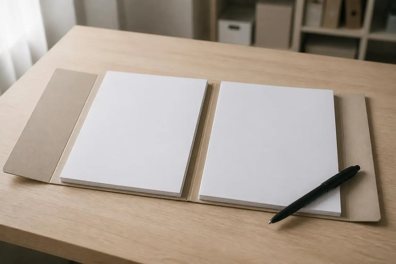 Une chemise cartonnée ouverte sur une table en bois, deux liasses de papier et un stylo posés à l'intérieur