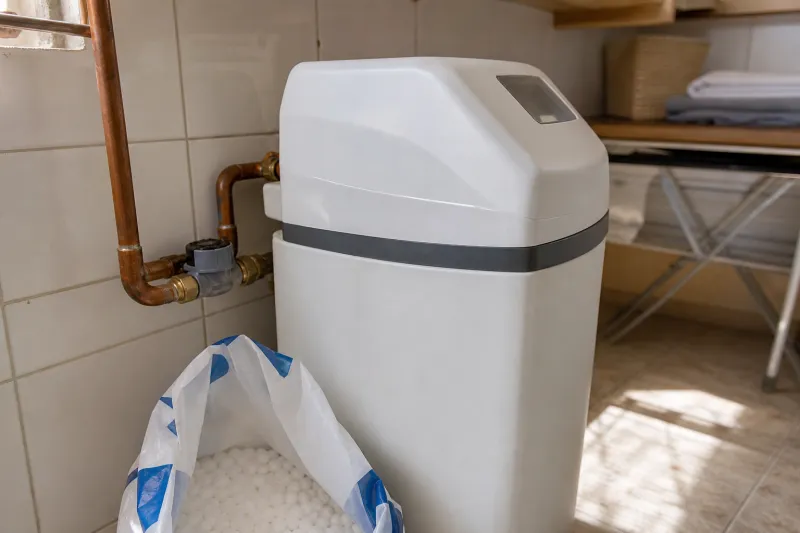 Un adoucisseur d'eau relié à la tuyauterie d'une buanderie, à côté d'un sac de sel entamé